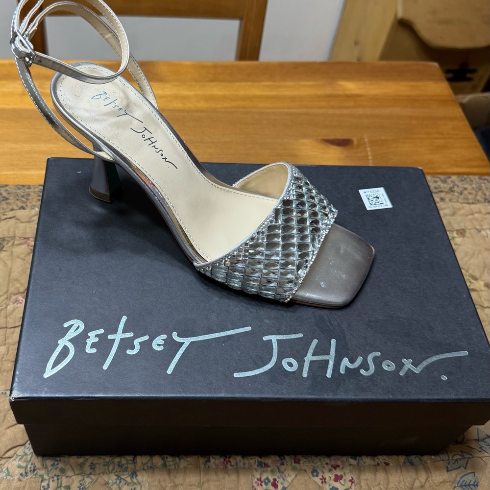 Betsey Johnson Silver Woven Strap Open Toe Heels